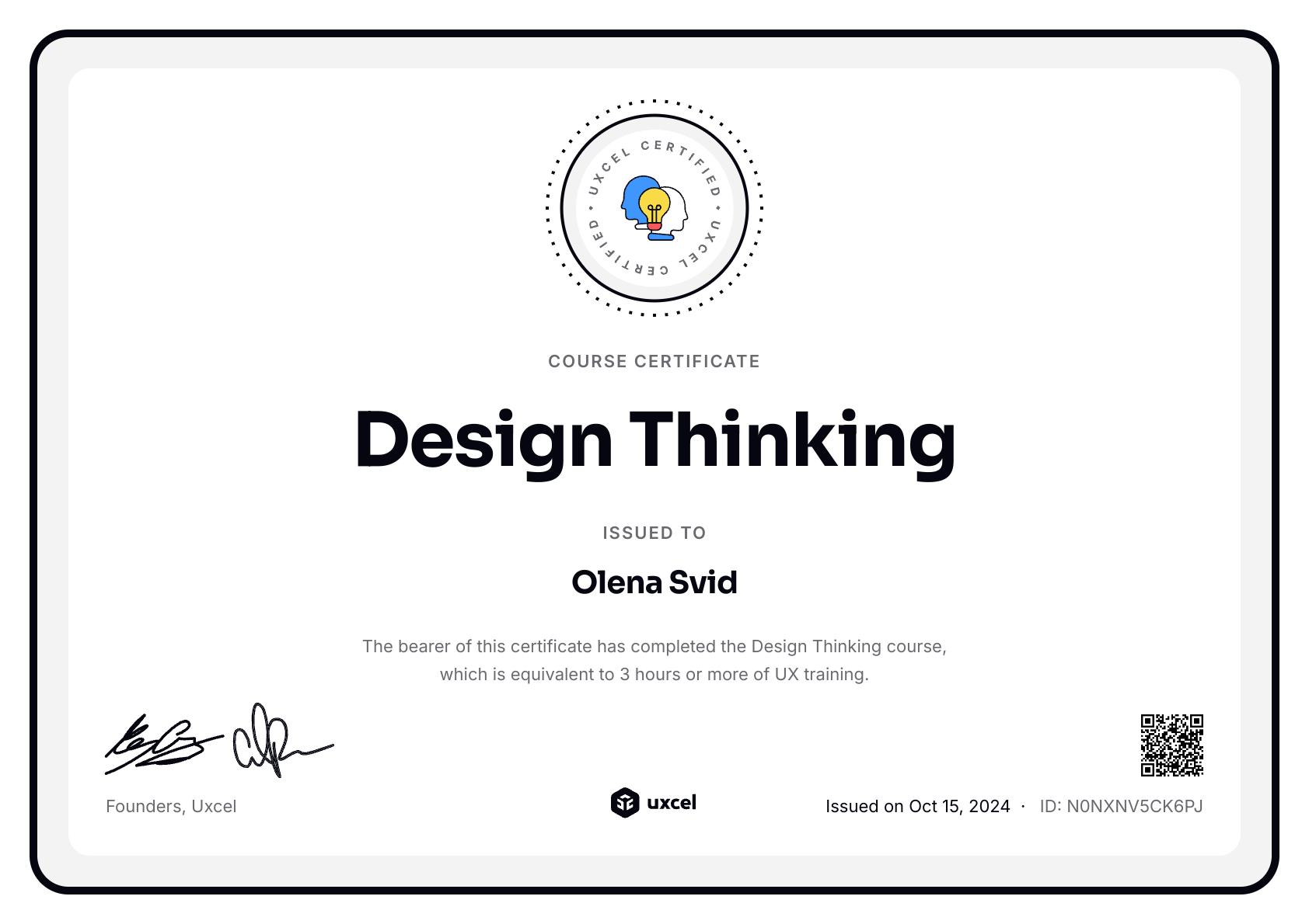 Olena Svid's certificate